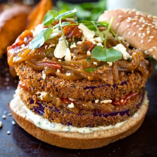 Crispy Eggplant Burger with Caramelized Onions & Tomato Jam | thecozyapron.com