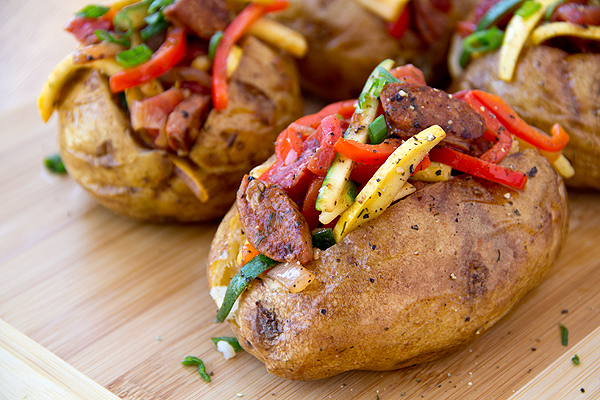 Grilled Vegetable and Smoked Chicken Sausage Stuffed Baked Potato | Baked Potato Recipes To Drool Over