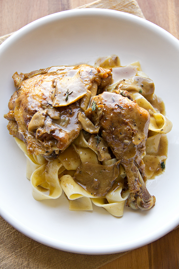 Braised Chicken in Porcini Wine Sauce over Buttered Pappardelle Noodles