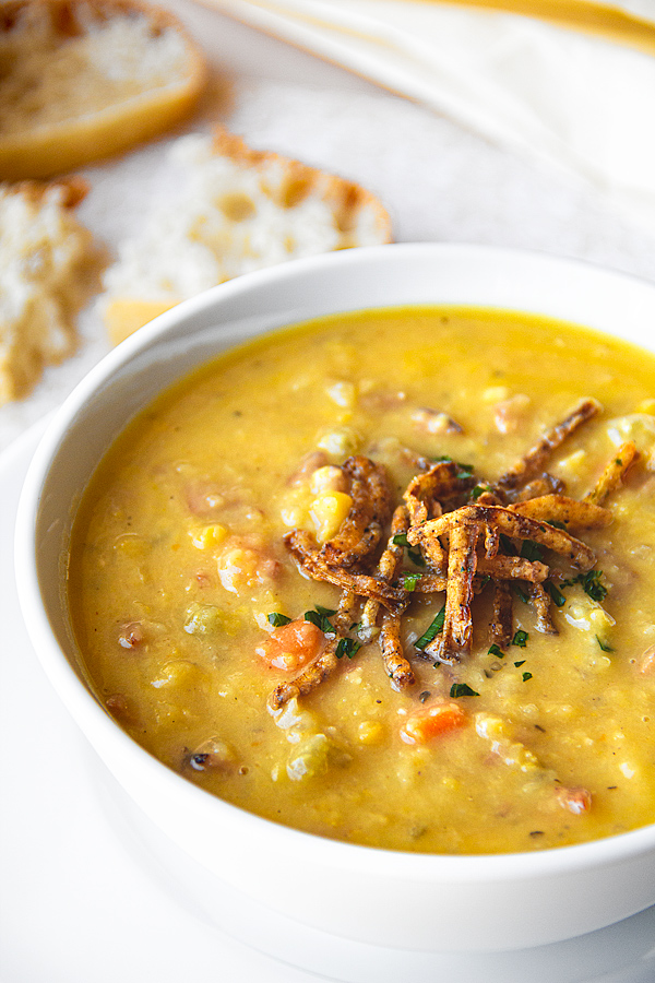 Yellow Split Pea Soup in a bow | thecozyapron.com