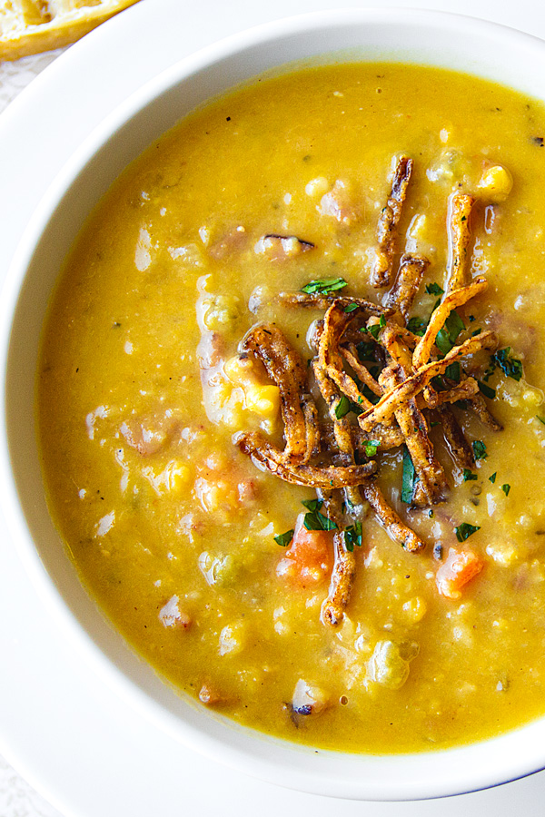 Yellow Split Pea Soup in a bow | thecozyapron.com