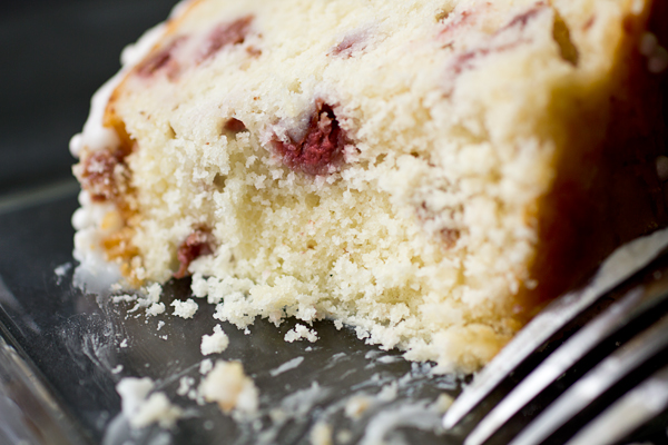 Closeup on the inside of a slice of Cherry Almond Cake | thecozyapron.com