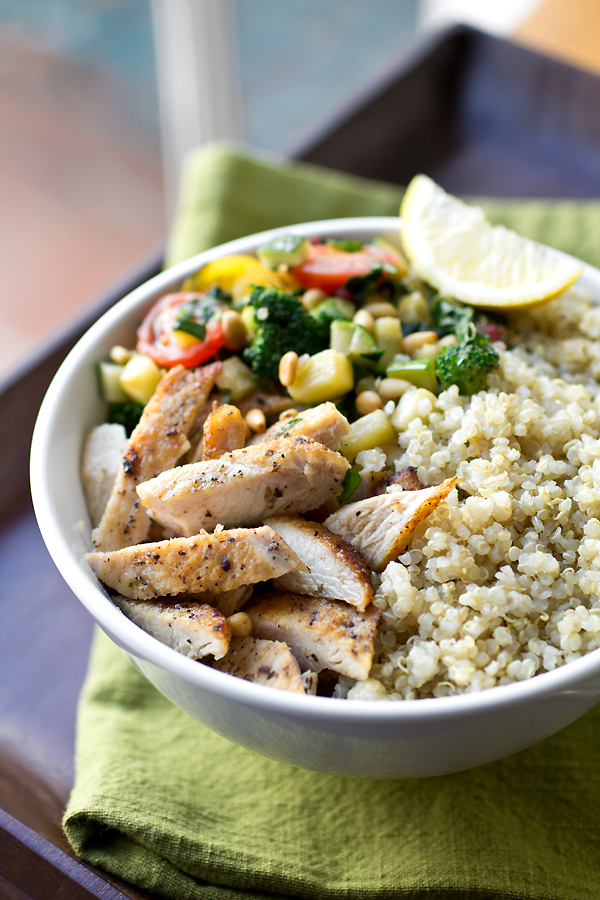 Chicken  Toasted Quinoa Bowls with Garlic Sauteed Veggies and Pine Nuts