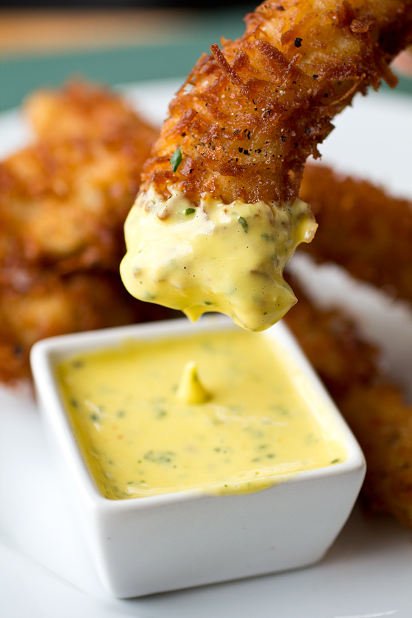 Coconut Crunch Chicken Strips with Honey-Mango Dipping Sauce | thecozyapron.com