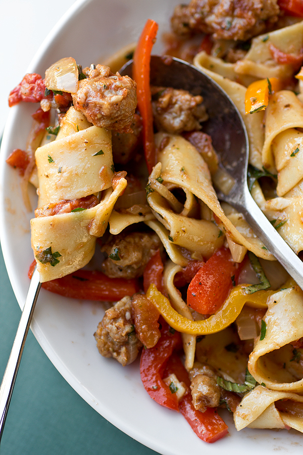 Saucy Italian Drunken Noodles with Spicy Italian Sausage