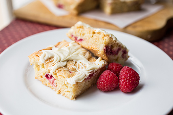 White Chocolate Blondies with Raspberries