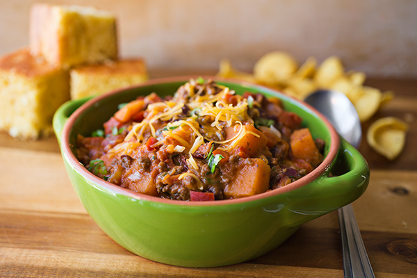 a cozy one-pan wonder: cheesy sweet potato “skillet chili”, only minimal skill required