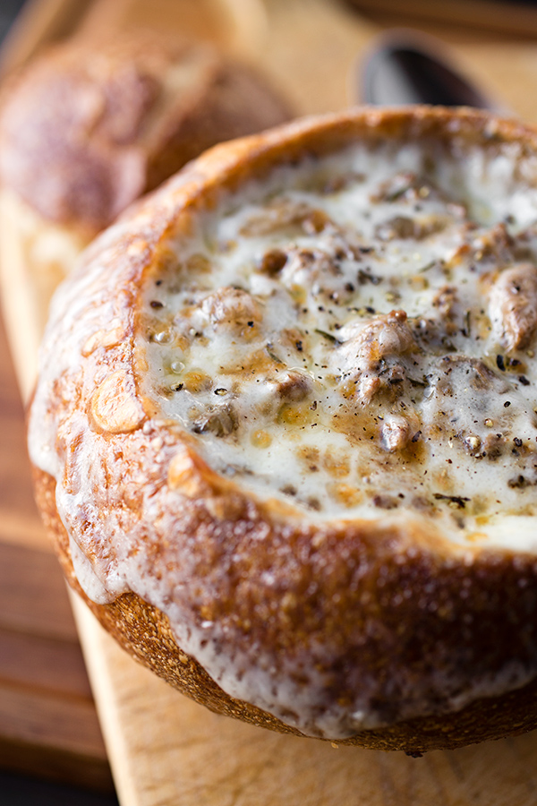 Philly Cheese Steak Soup Served in a Bread Bowl - Easy 30 Minute Meal