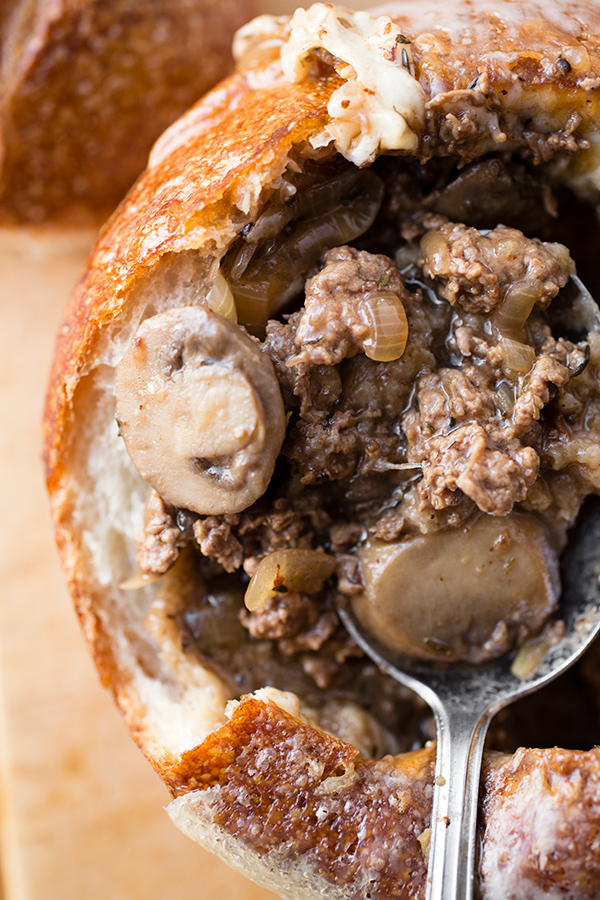 Philly Cheese Steak Soup Served in a Bread Bowl - Easy 30 Minute Meal