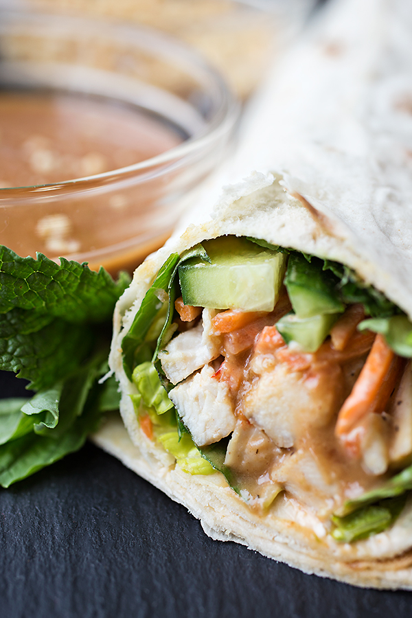 Peanut Chicken Spring Roll Wrap with Peanut Sauce | thecozyapron.com