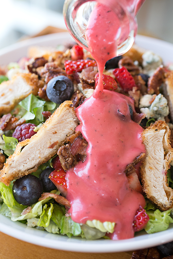 Raspberry Vinaigrette Poured over Crispy Chicken Salad | thecozyapron.com