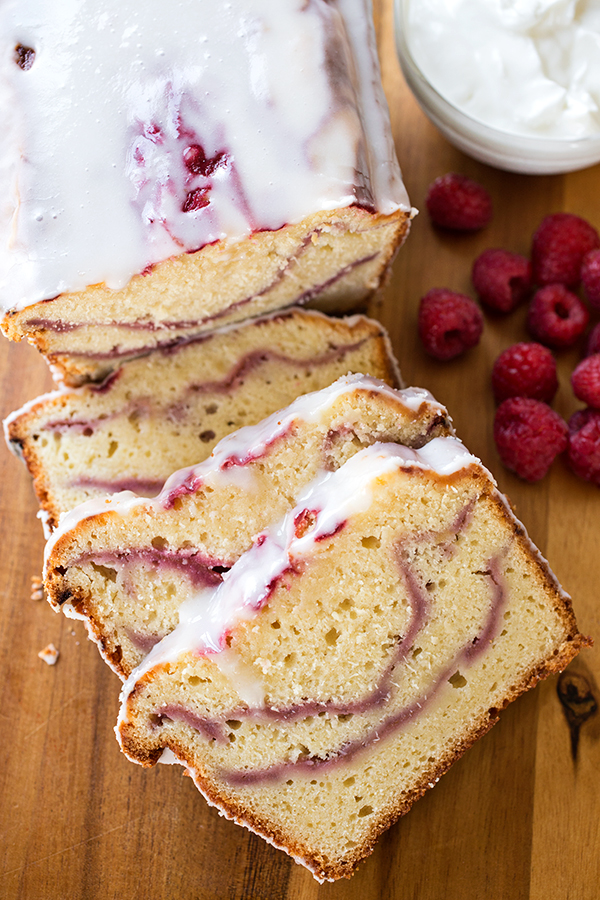 Fresh Raspberry Swirl & Greek Yogurt Cake with Tangy Yogurt Drizzle