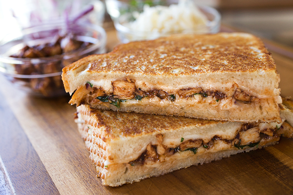 BBQ Chicken “Pizza” Grilled Cheese, No Dough Needed (Or Kneaded)