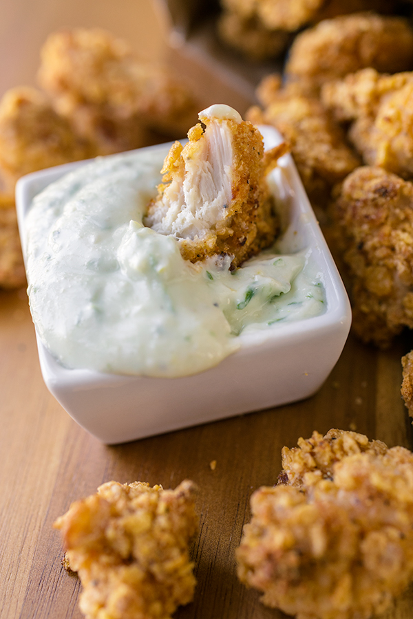 Baked Garlic Popcorn Chicken with Parmesan-Ranch Dipping Sauce