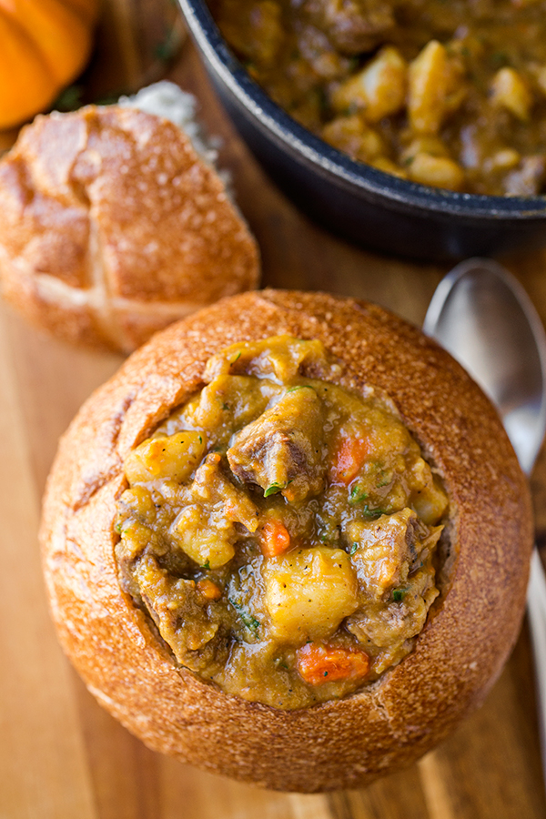 Pumpkin Stew with Beef in Bread Bowl | thecozyapron.com