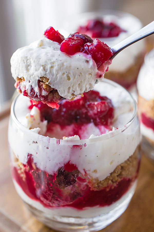 Closeup on a spoonful of Cranberry Cheesecake Parfait | thecozyapron.com