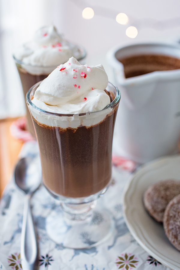 Drinking Chocolate topped with Peppermint Whipped Cream| thecozyapron.com