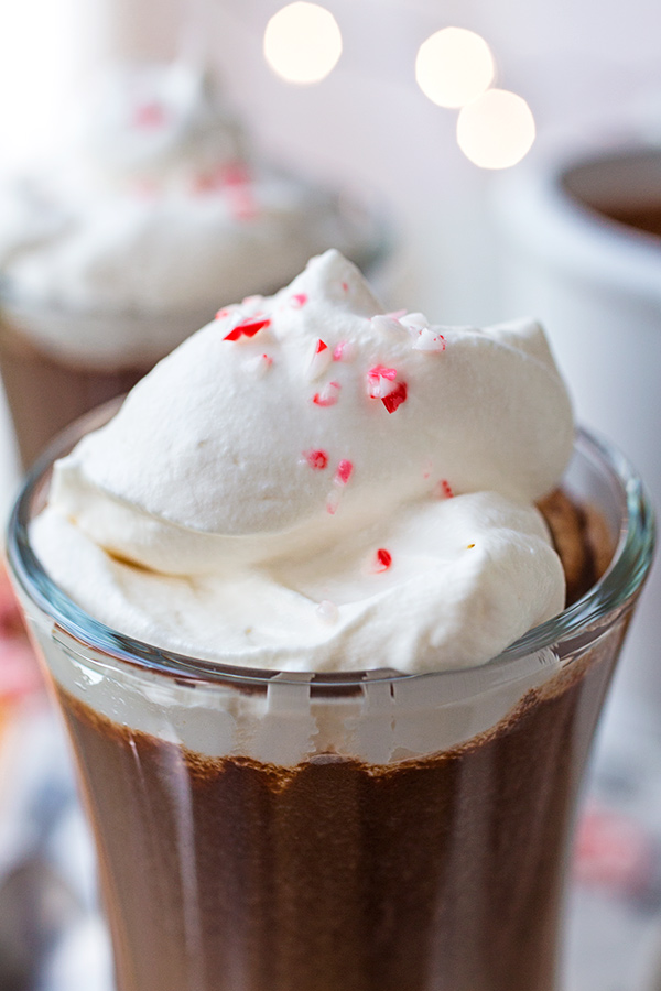 Drinking Chocolate topped with Peppermint Whipped Cream| thecozyapron.com