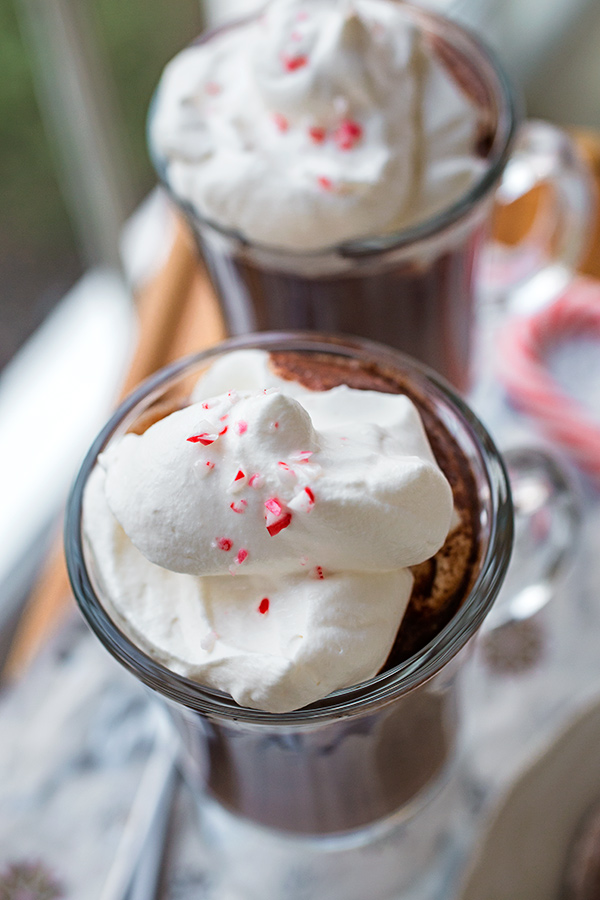 Drinking Chocolate topped with Peppermint Whipped Cream| thecozyapron.com