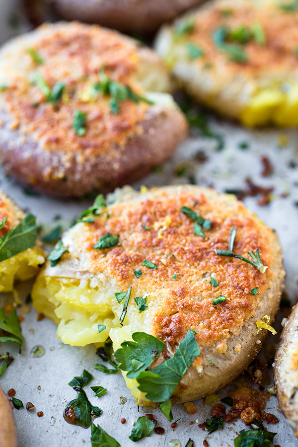 Smashed Potatoes with a Crispy Parmesan Crust | thecozyapron.com