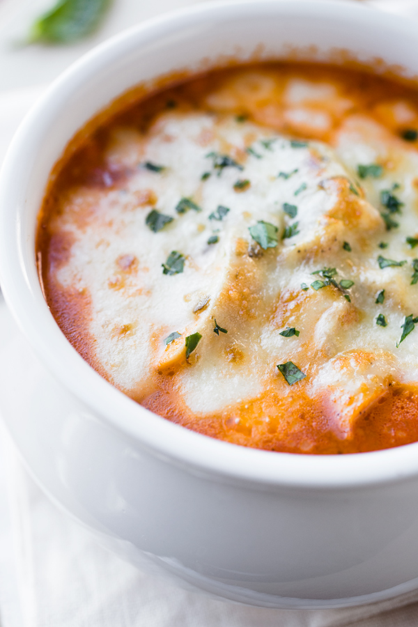 Cheesy Grilled Chicken Parmesan Soup with Fusilli Pasta