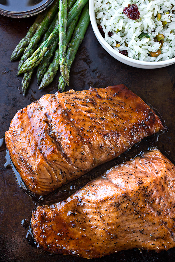 Bourbon Glazed Salmon With Dried Cherry And Pistachio Rice Pilaf