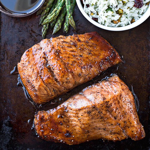 Bourbon-Glazed Salmon with Dried Cherry and Pistachio Rice Pilaf