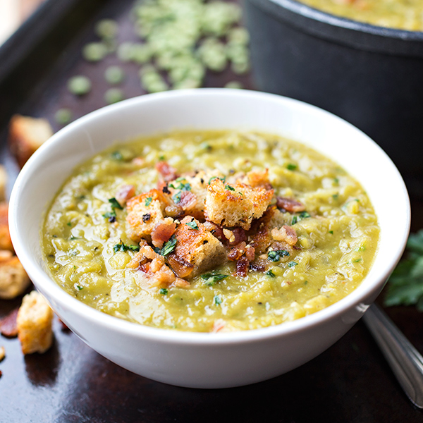 Hearty Split Pea and Smoky Bacon Soup with GarlicButter Croutons