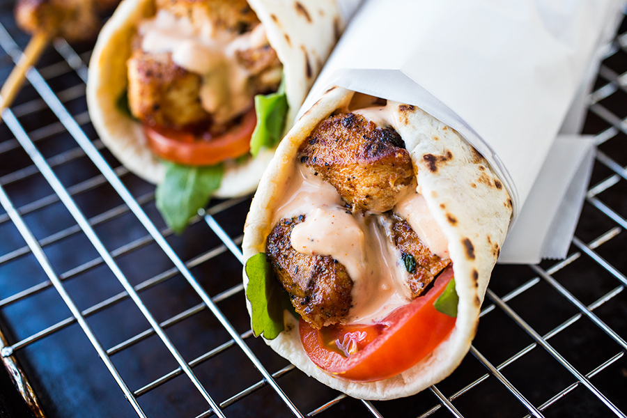 grilled lemon chicken flatbread wraps, and that golden-hued evening sky