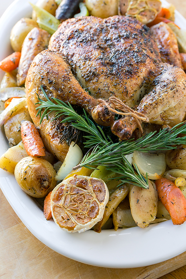 Whole Roast Chicken with Vegetables on Platter | thecozyapron.com