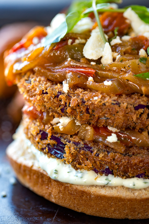 Crispy Eggplant Burger with Caramelized Onion and Tomato Jam | thecozyapron.com