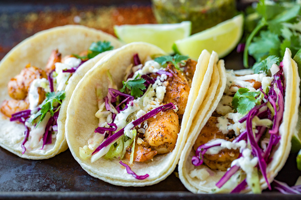 Shrimp Tacos with “Awesome” Sauce and Chimichurri Slaw