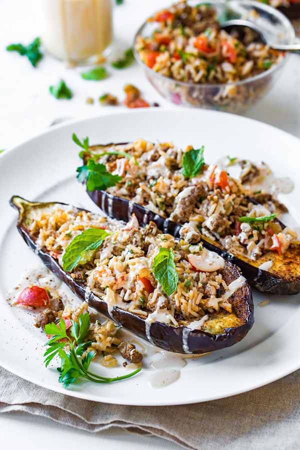 Stuffed Eggplant with Garlic Tahini Sauce | The Cozy Apron