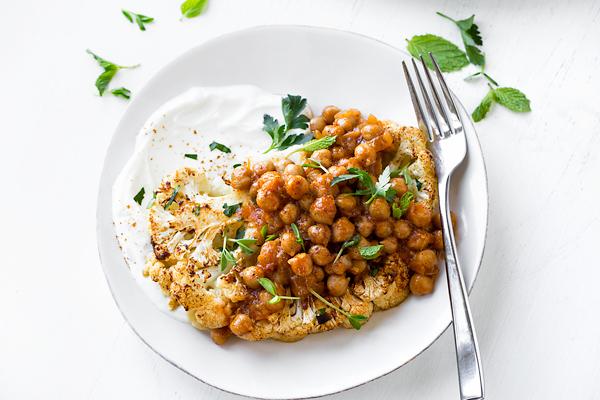 Cauliflower Steak with Harissa Chickpeas