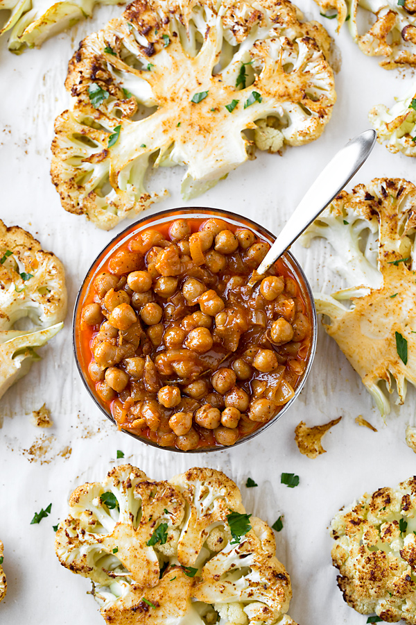 Cauliflower Steak with Harissa Chickpeas | thecozyapron.com