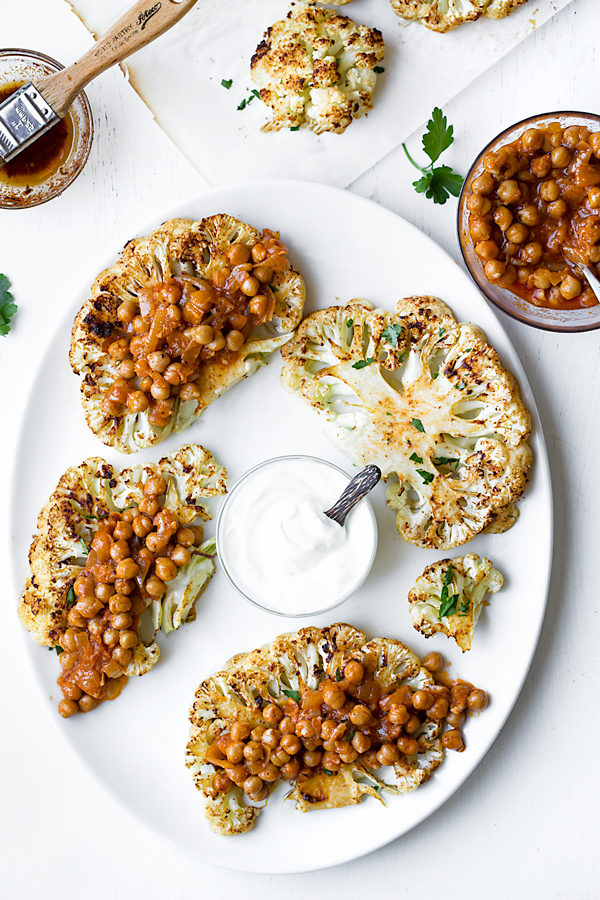 Cauliflower Steak with Harissa Chickpeas | thecozyapron.com