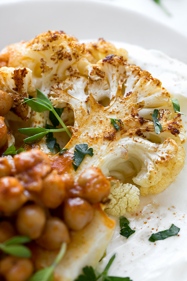 Cauliflower Steak with Harissa Chickpeas | thecozyapron.com