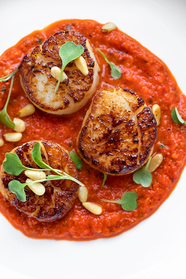 Pan Seared Scallops with Roasted Red Pepper Sauce | thecozyapron.com