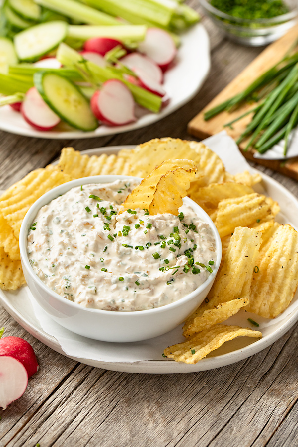 Sour Cream and Onion Dip with Chips and Veggies | thecozyapron.com