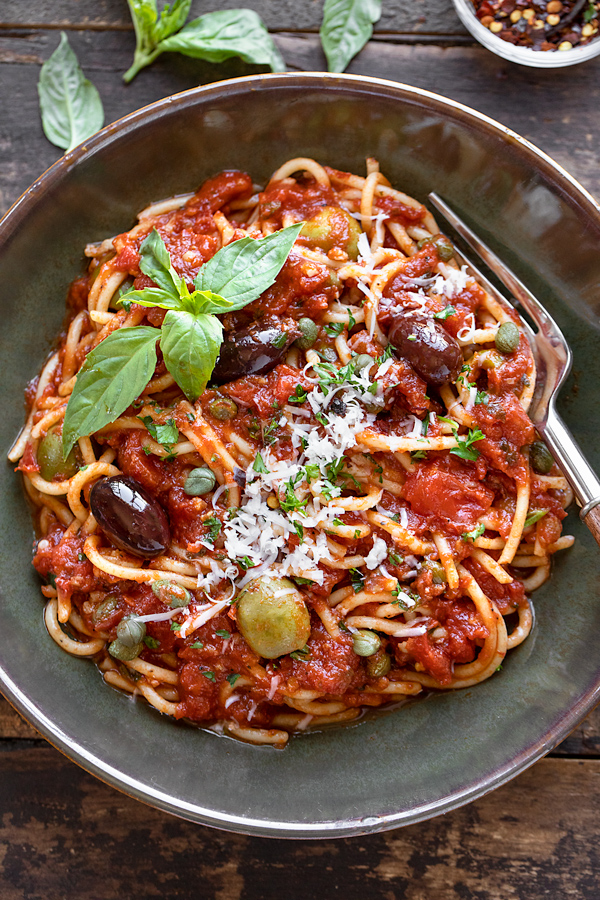 Pasta Puttanesca with Parmesan | thecozyapron.com