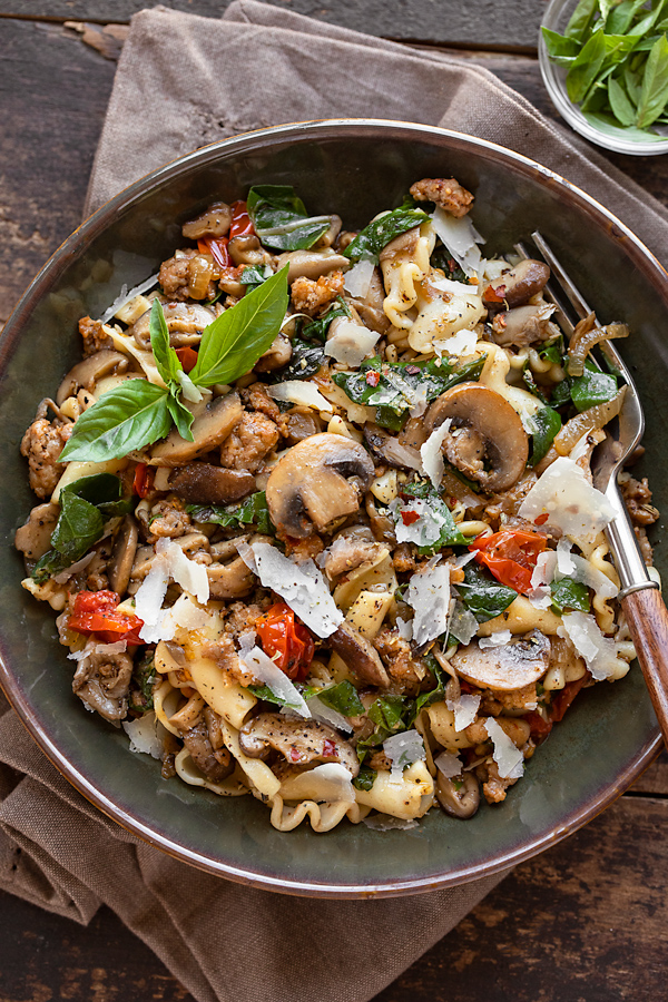 Mushroom Pasta in a Bowl with Shaved Parmesan | thecozyapron.com