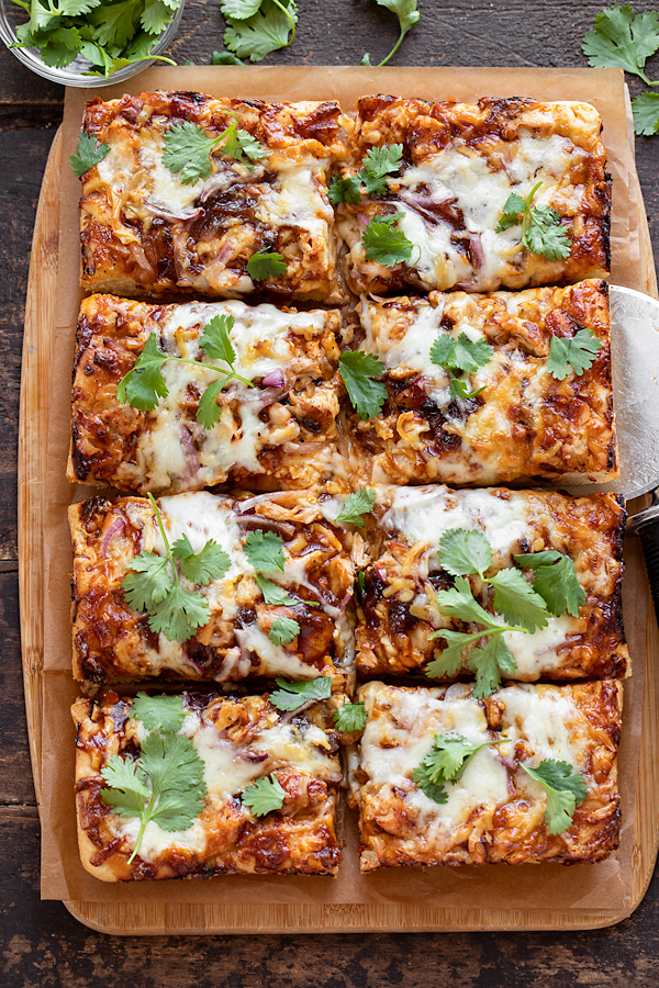 BBQ Chicken Pizza Cut Into Squares | thecozyapron.com