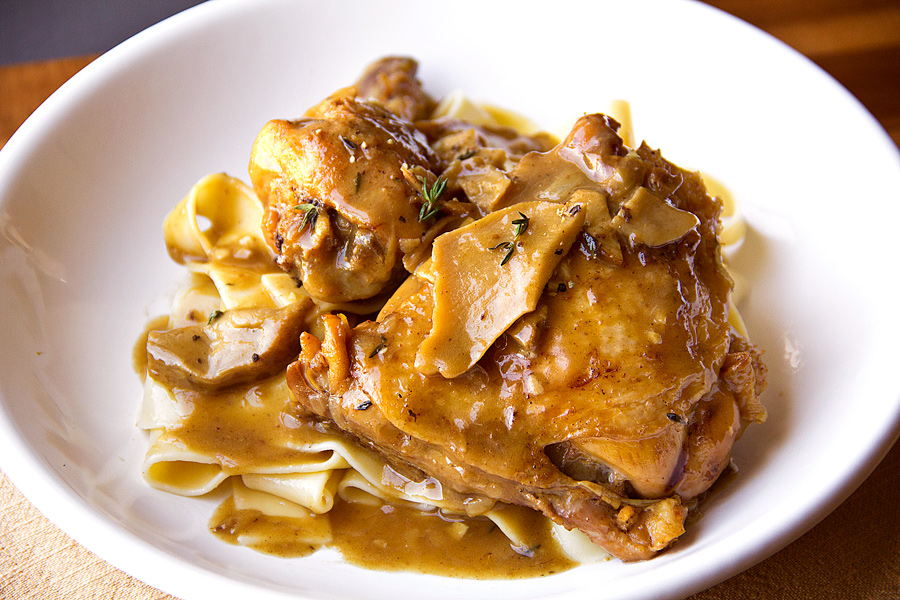 Chicken with mushroom sauce over large noodles | thecozyapron.com