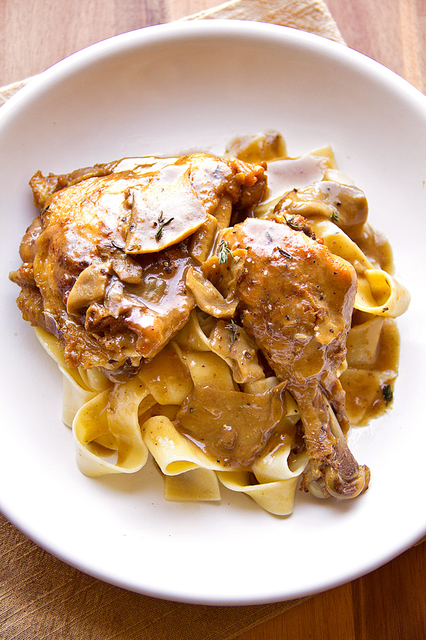 Chicken with mushroom sauce over large noodles | thecozyapron.com