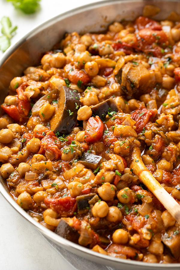 Spicy Chickpea Stew with Eggplant in a Pan | thecozyapron.com