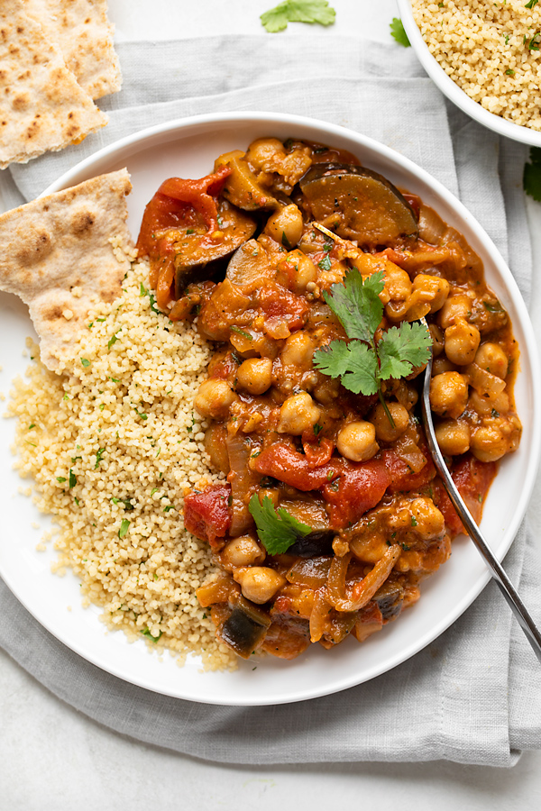 Spicy Chickpea Stew with Eggplant with Couscous and Lavash | thecozyapron.com