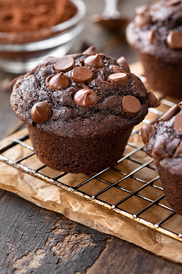 Close Up of Double Chocolate Chip Muffins | thecozyapron.com