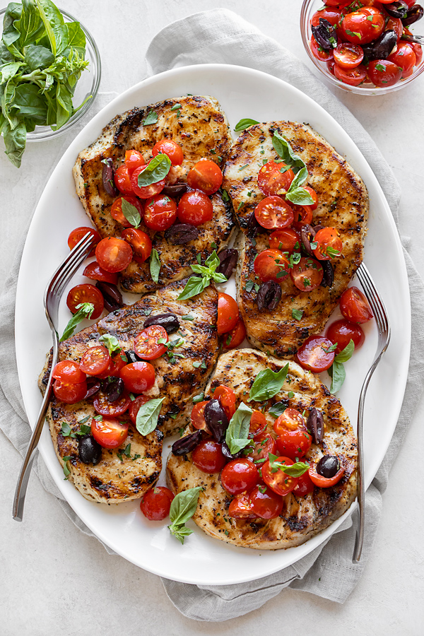 Grilled Swordfish with Tomato-Olive Salad | thecozyapron.com