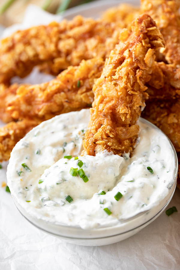 Potato Chip Chicken Strips with Sour Cream and Onion Ranch Dipping Sauce | thecozyapron.com