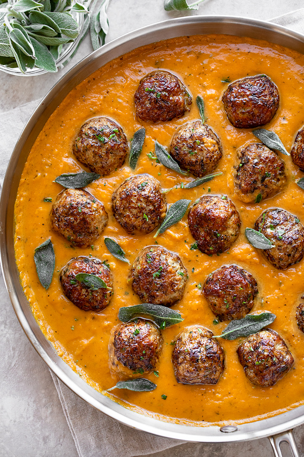 Turkey Meatballs in Pumpkin Sage Sauce | thecozyapron.com